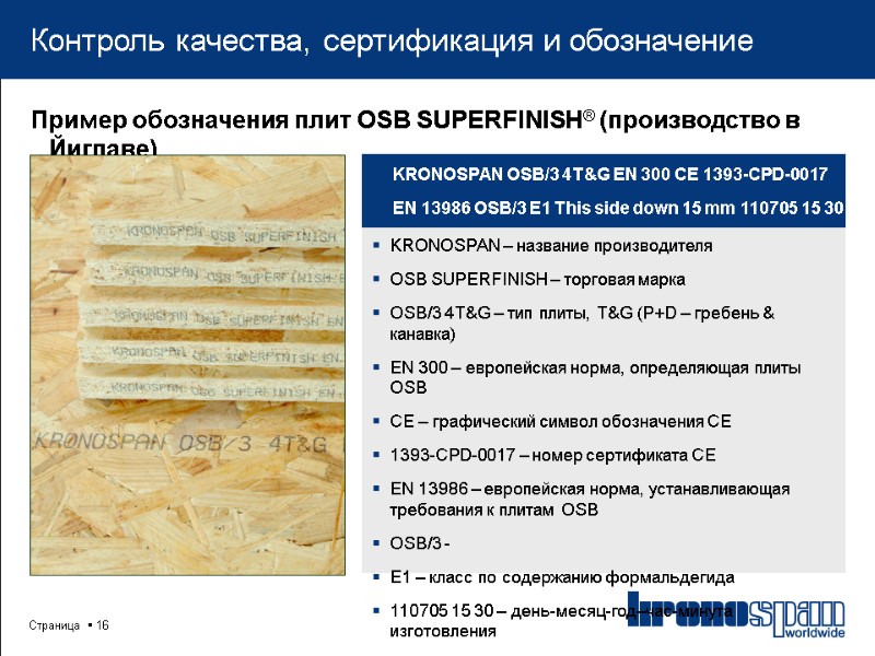 KRONOSPAN – название производителя OSB SUPERFINISH – торговая марка OSB/3 4T&G – тип плиты,